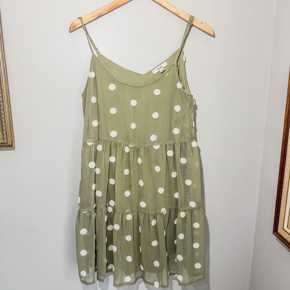 Mimi Sage Green Textured Pom Pom Swiss Dot Tiered Camisole Mini Dress S